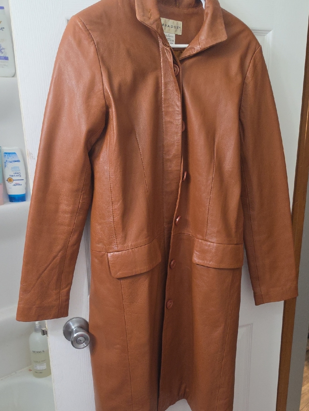 Paradox Women's Long Leather Coat in Cognac Brown 100% Lambskin